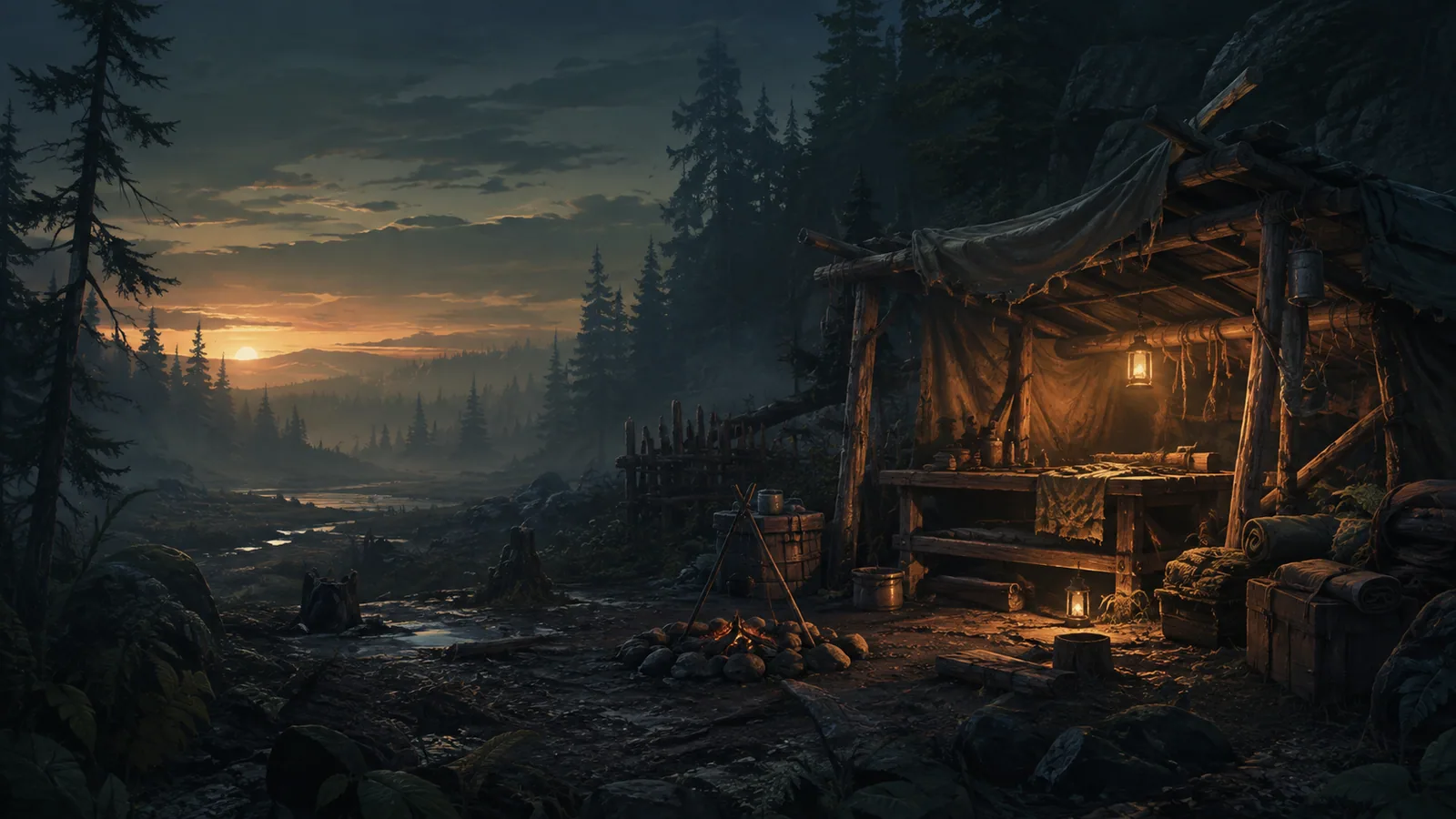 Original wilderness survival camp illustration for the Not Quite Dead release and roadmap guide